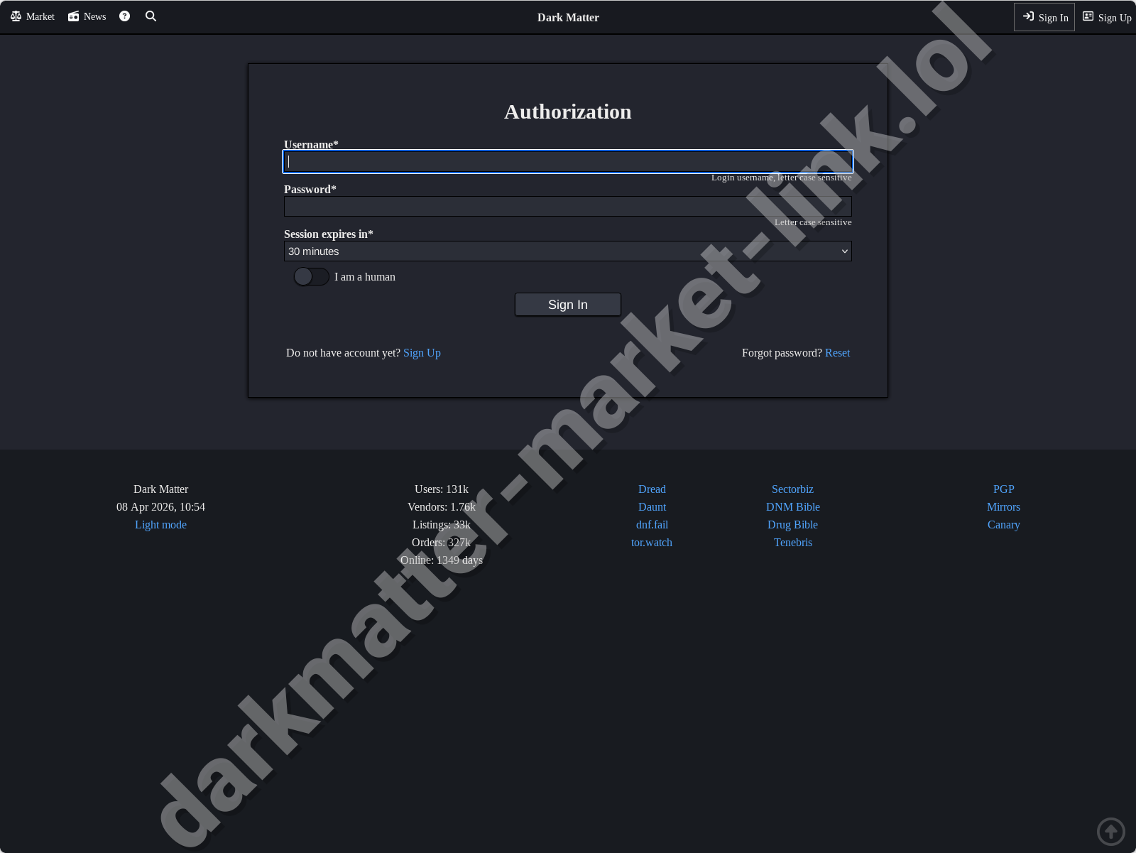 Login to Dark Matter Darknet Market